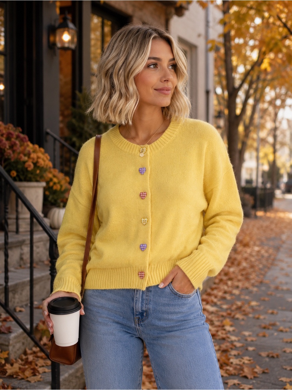 Soft Knit Yellow Button-Up Cardigan Sweater - 653
